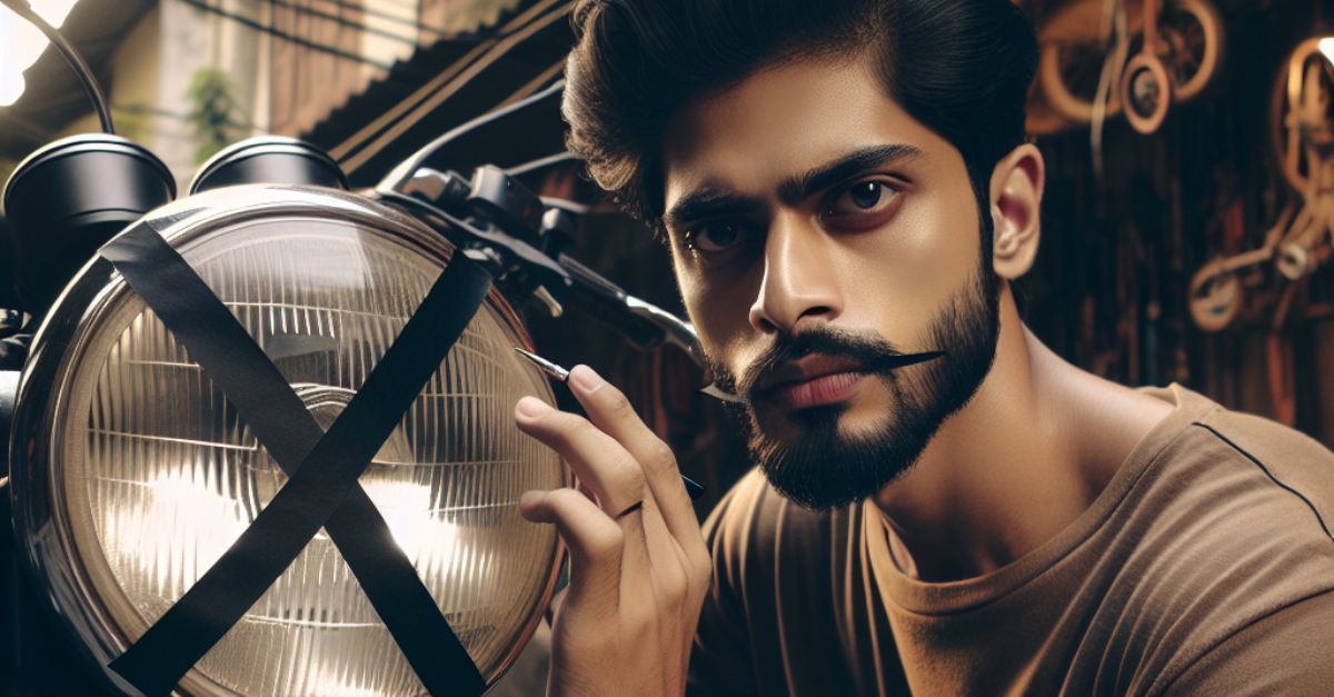 A man poses with his bike, its headlight marked with an X.
