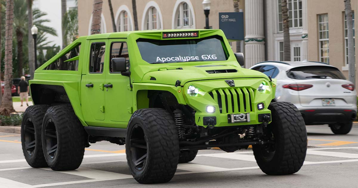 Lime green 6x6 pickup truck
