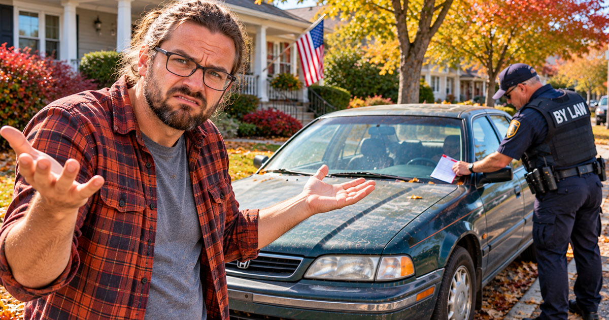 A man standing in front of his car being ticketed
