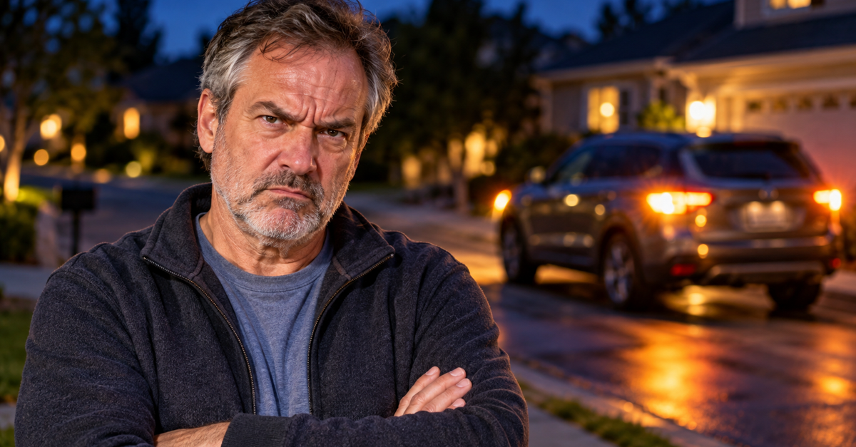 AI-generated image of annoyed man on suburban street at dusk