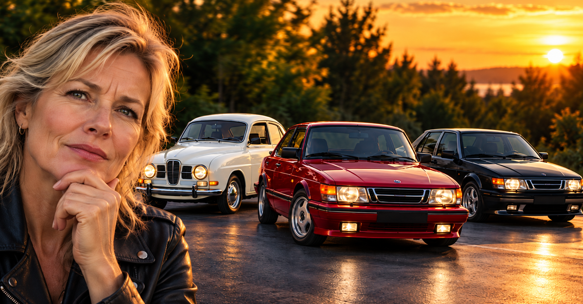 AI-generated image of woman next to Saab 96, 900 Turbo, and 9000 Aero