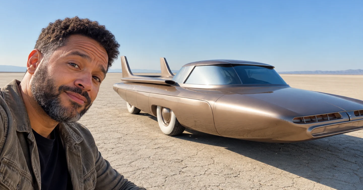 Selfie beside concept car in desert.