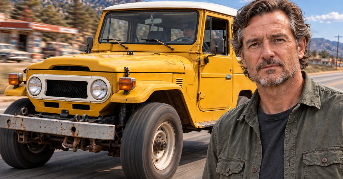 Yellow Jeep Car 70s, Man in foreground