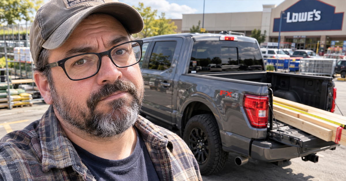 Unimpressed man in his 30s, with a pickup truck in the background.