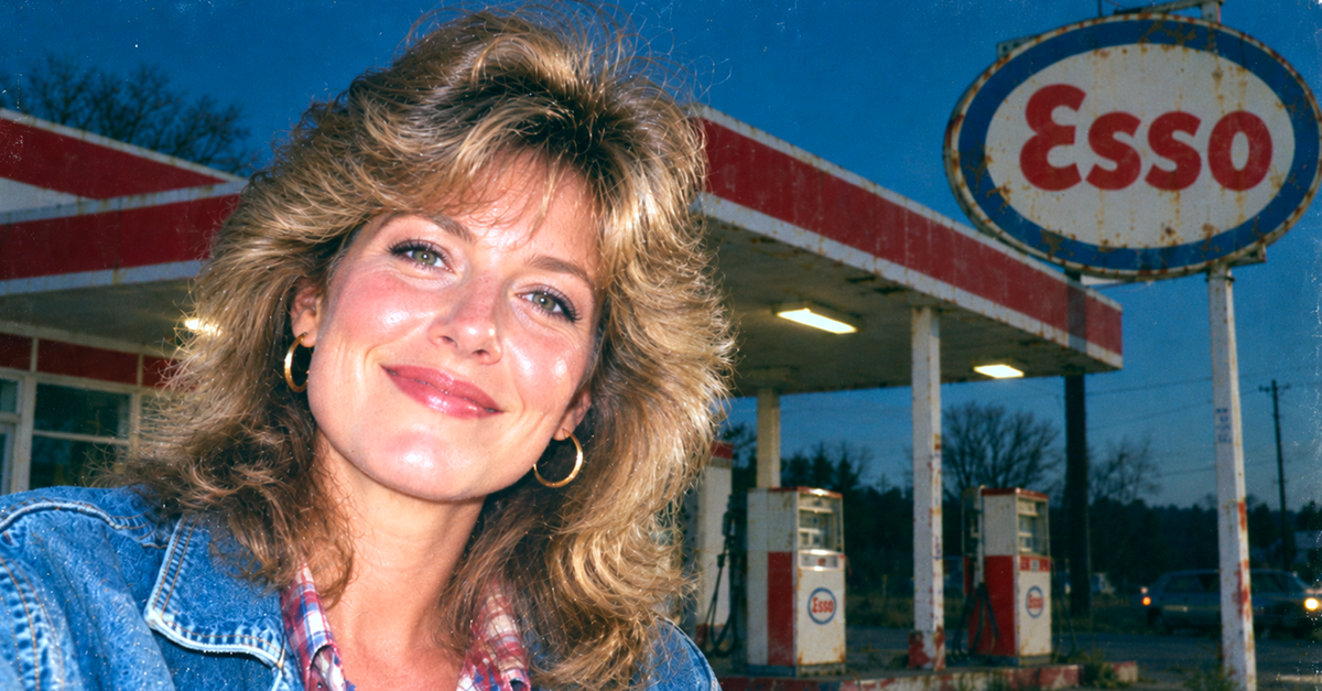 1980s Mom with feathered hair smiling in front of a rusty esso gas station