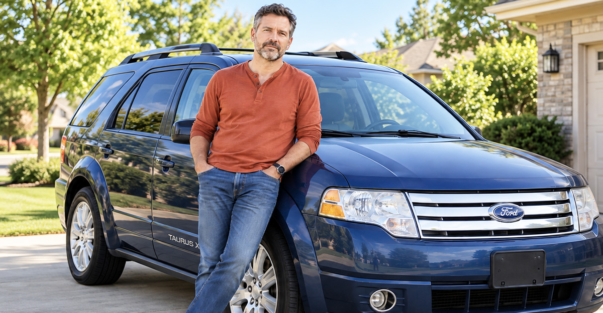 AI-generated image of a man leaning against a Ford Taurus X crossover.