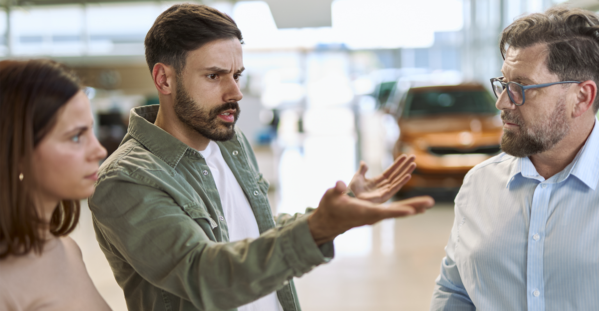 Displeased man and his wife arguing with car salesperson in a car showroom.