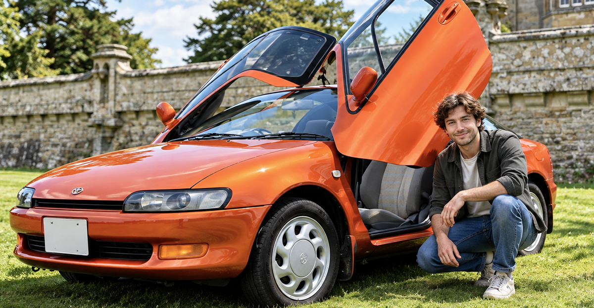 AI-generated image of a man kneeling beside a rare Toyota Sera