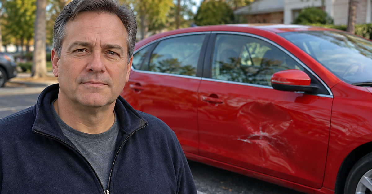 Man in front of car with a dent in the side