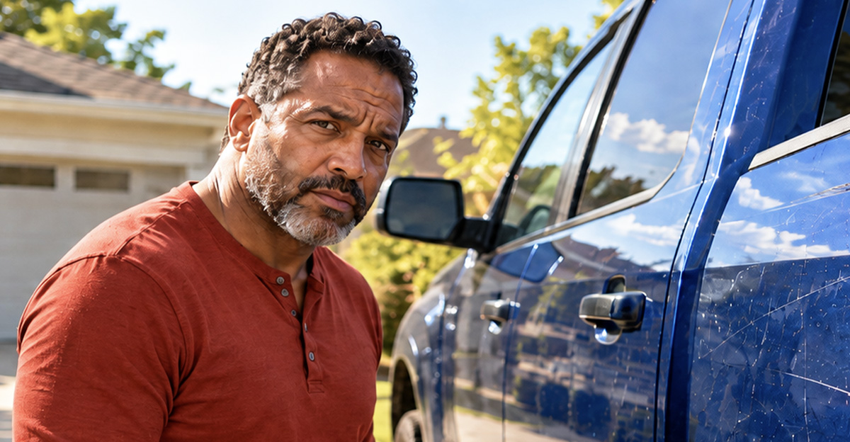 AI-generated image of a man worried about scratches after getting ceramic coating on his truck.