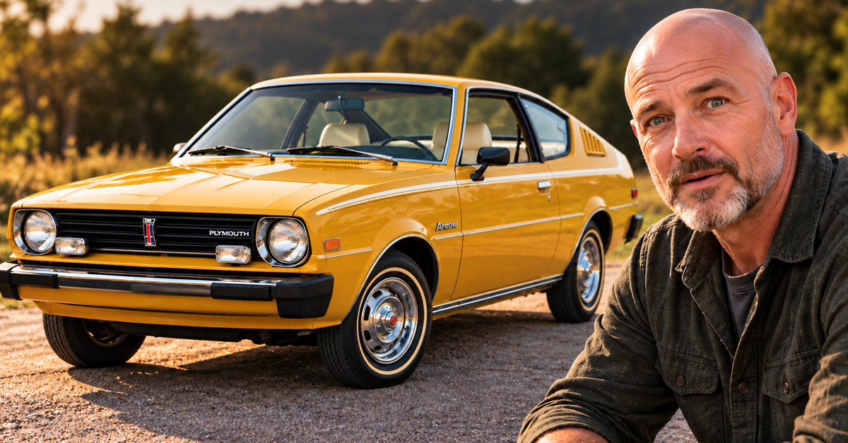 AI-generated image of man beside 1976 Plymouth Arrow.
