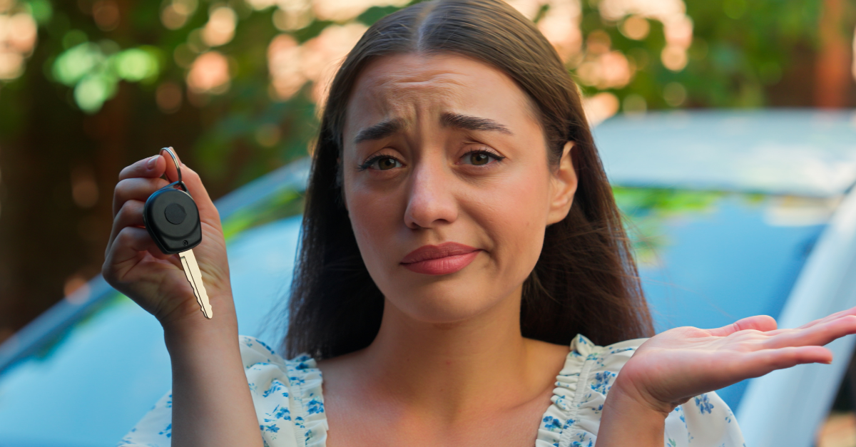 Confused pondering unsure Caucasian woman female girl client buyer customer car owner