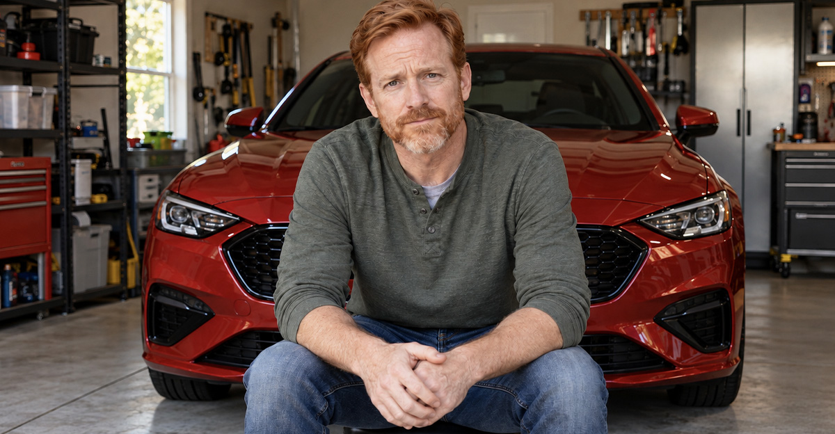 AI-generated image of a man worried about aftermarket Paint Protection Film (PPF) voiding his factory paint warranty.