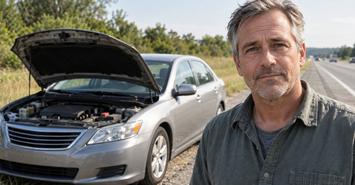 car on side of the road, man in foreground looking at camera