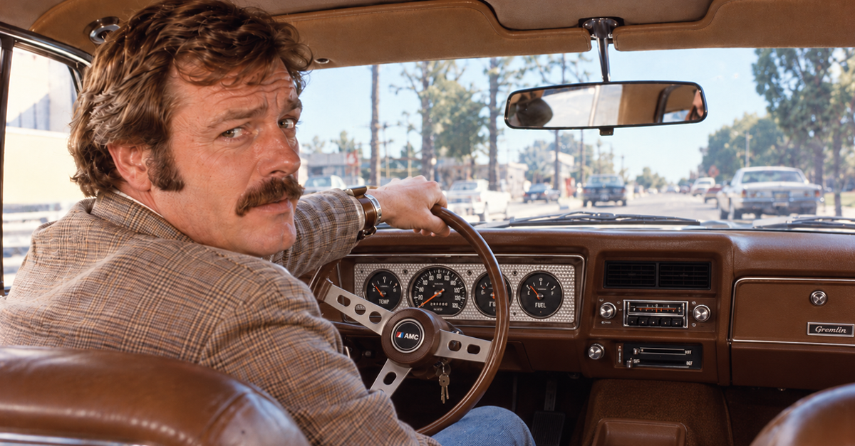 AI-generated image of a man driving a 1977 AMC Gremlin
