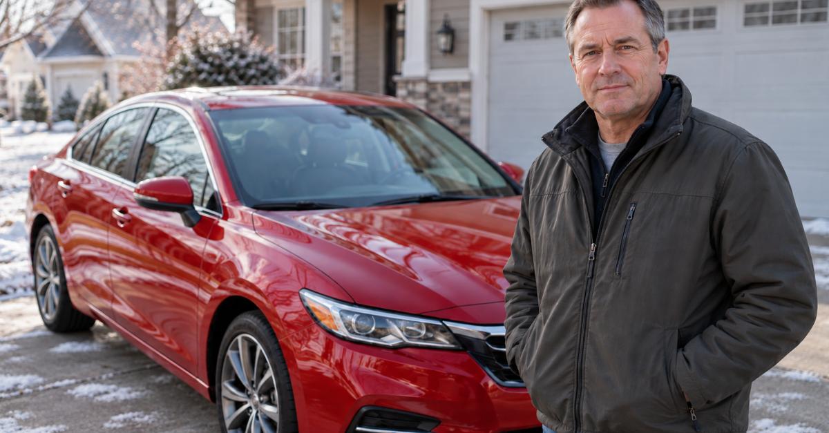 Man in front of red car in driveway