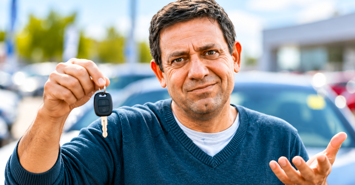 AI-generated image of frustrated man holding car key