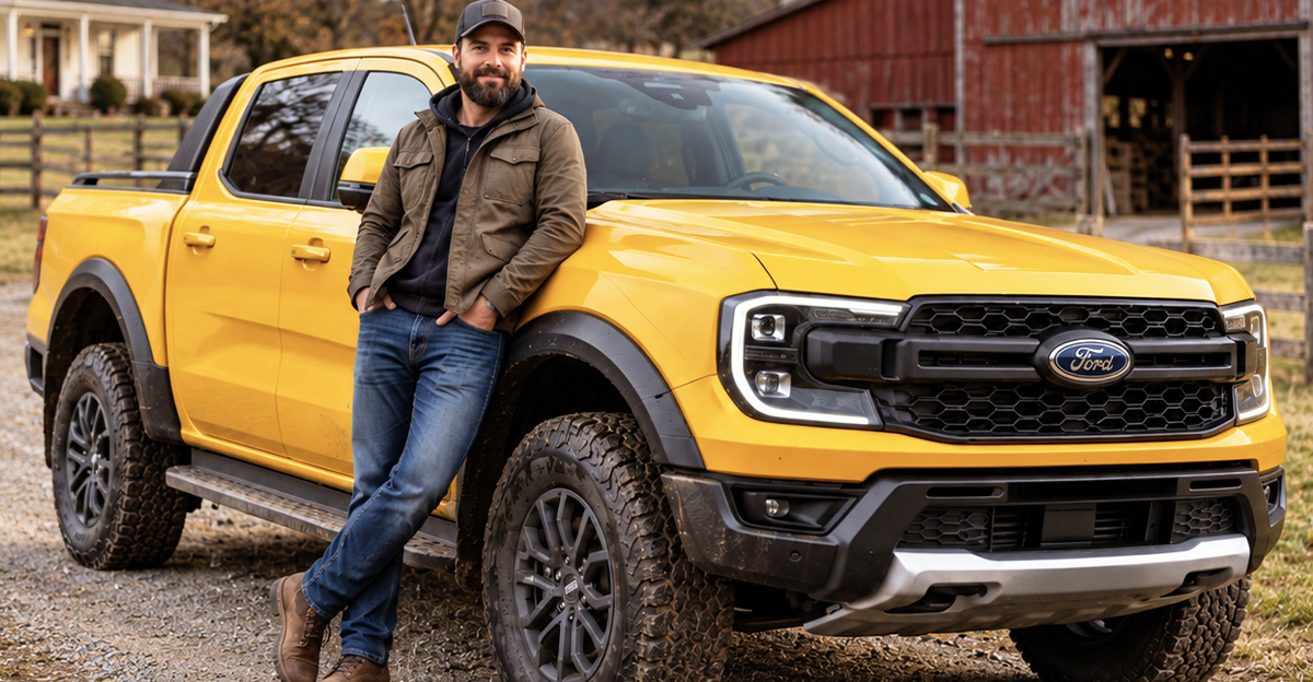 AI-generated image of a man leaning against a yellow Ford Ranger pickup truck.