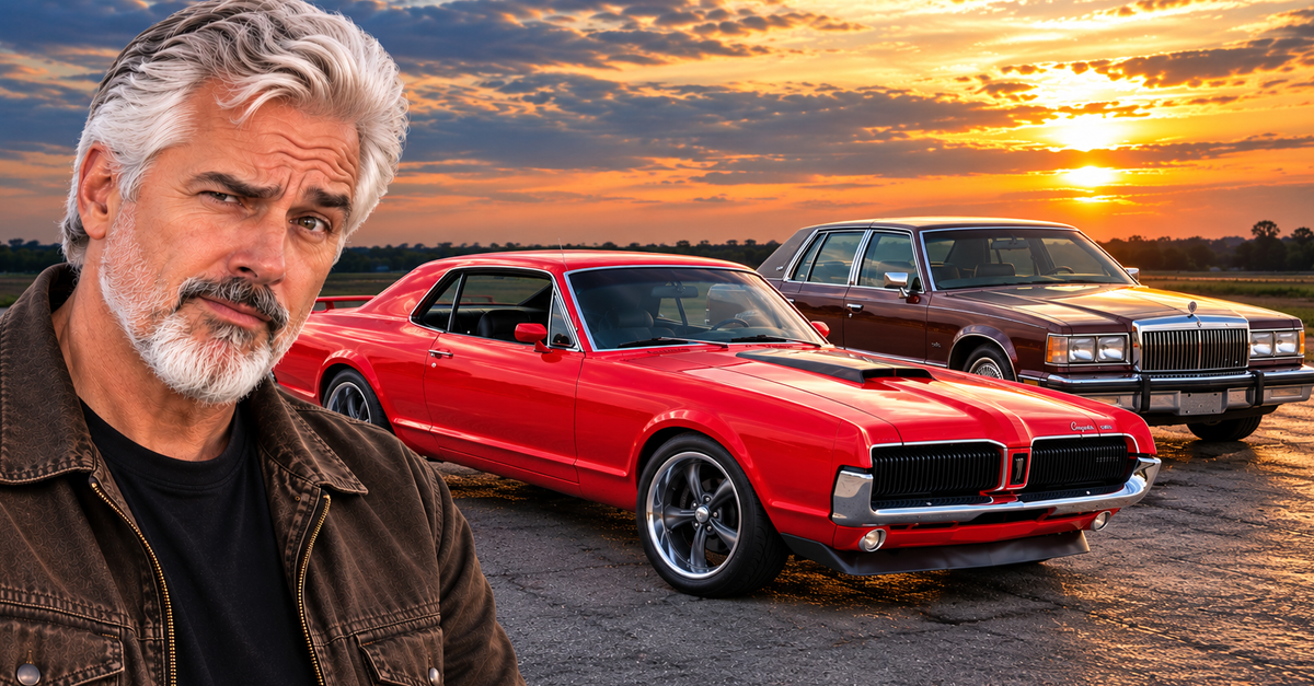 AI-generated image of a man and a Mercury Cougar and Grand Marquis