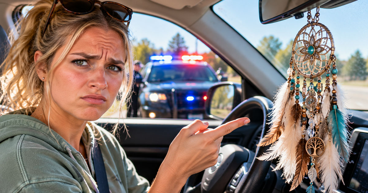 An annoyed woman pointing to a dream catcher in her car