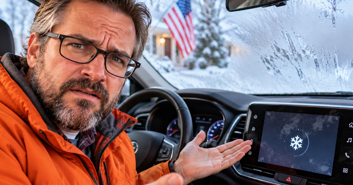 A man with a frosted windshield