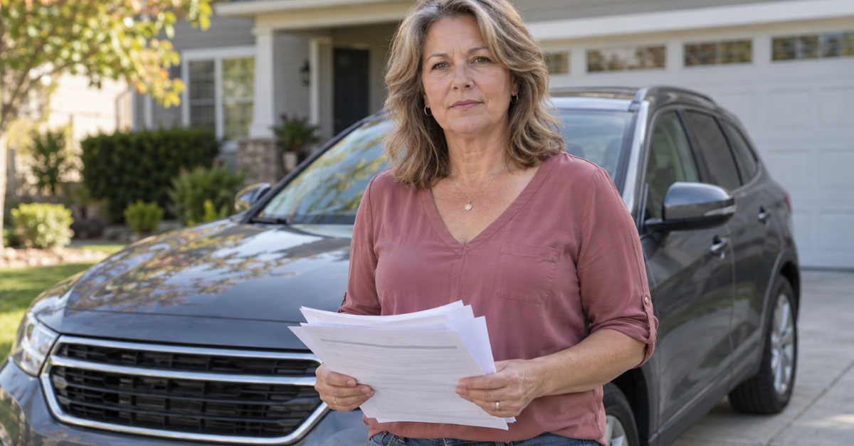 Woman holding papers standing in front of her car in driveway
