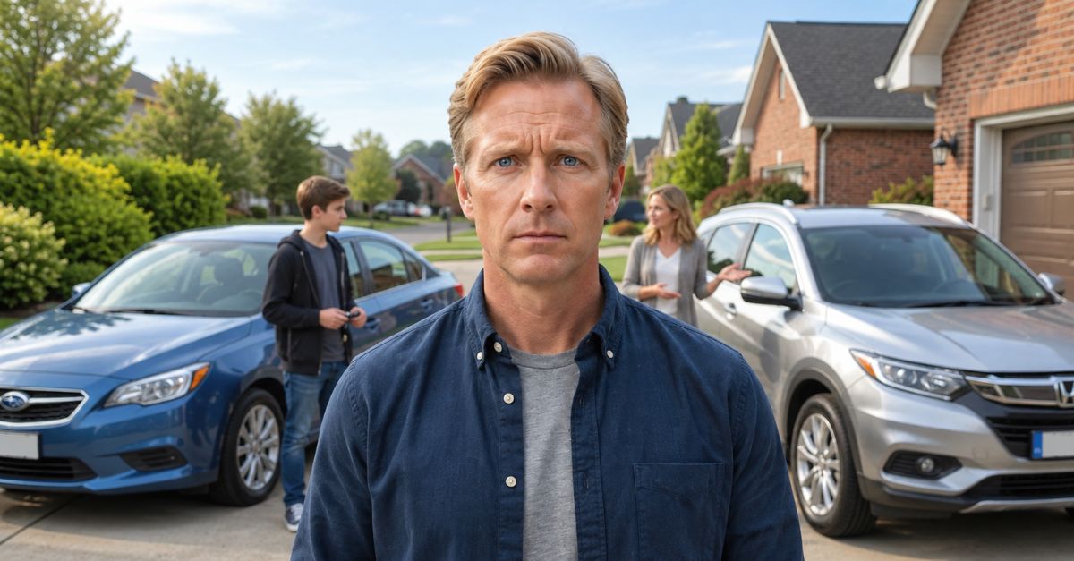 confused man standing in front of two cars and his family