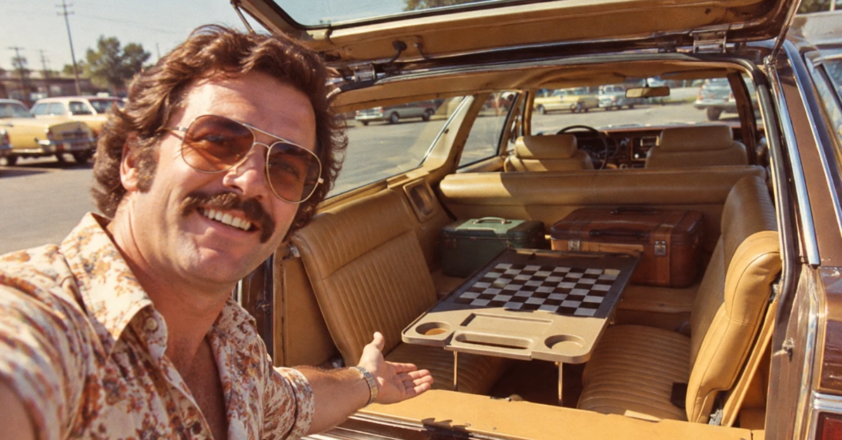 70’s dad selfie at rear of station wagon.