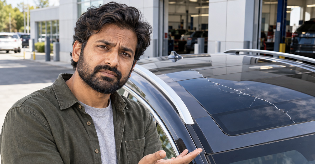 AI-generated image of a man worried about window tint overheating his panoramic roof.