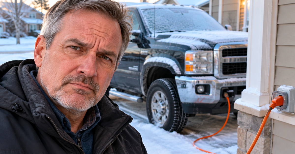 Annoyed man in winter in front of diesel truck in driveway with block heater plugged into house
