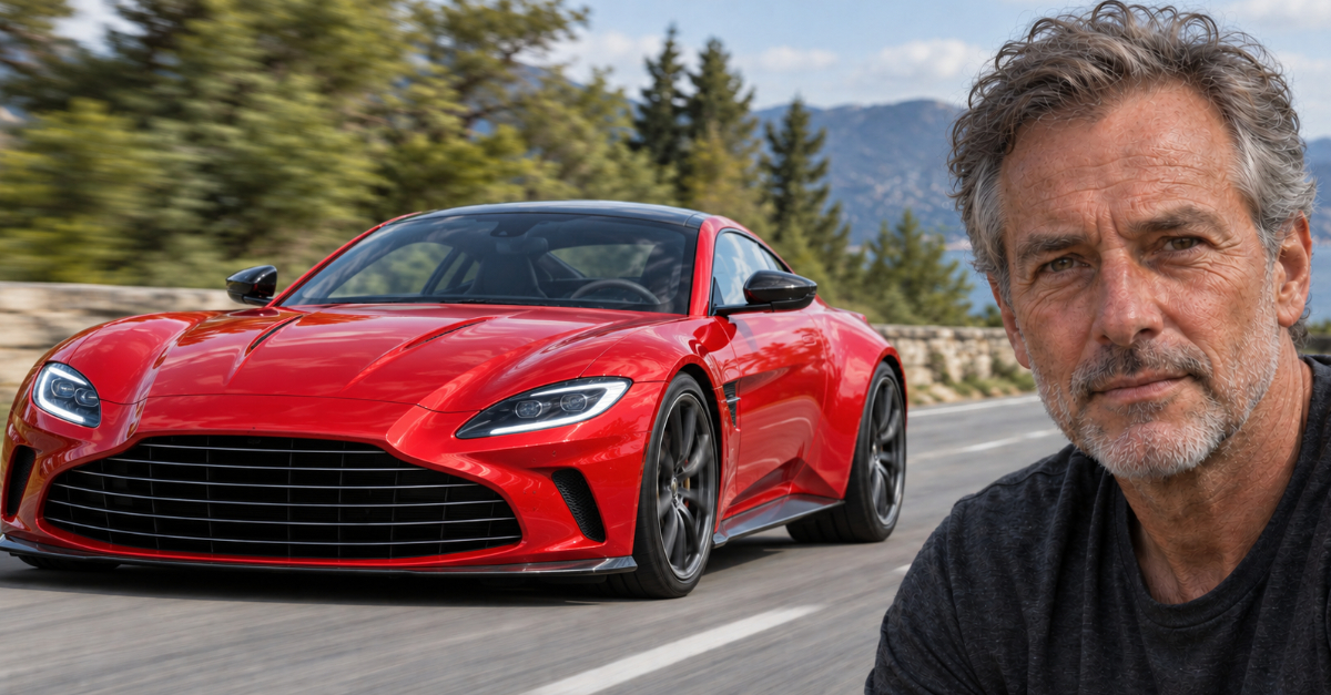 red sports car on road, man in foreground looking at camera