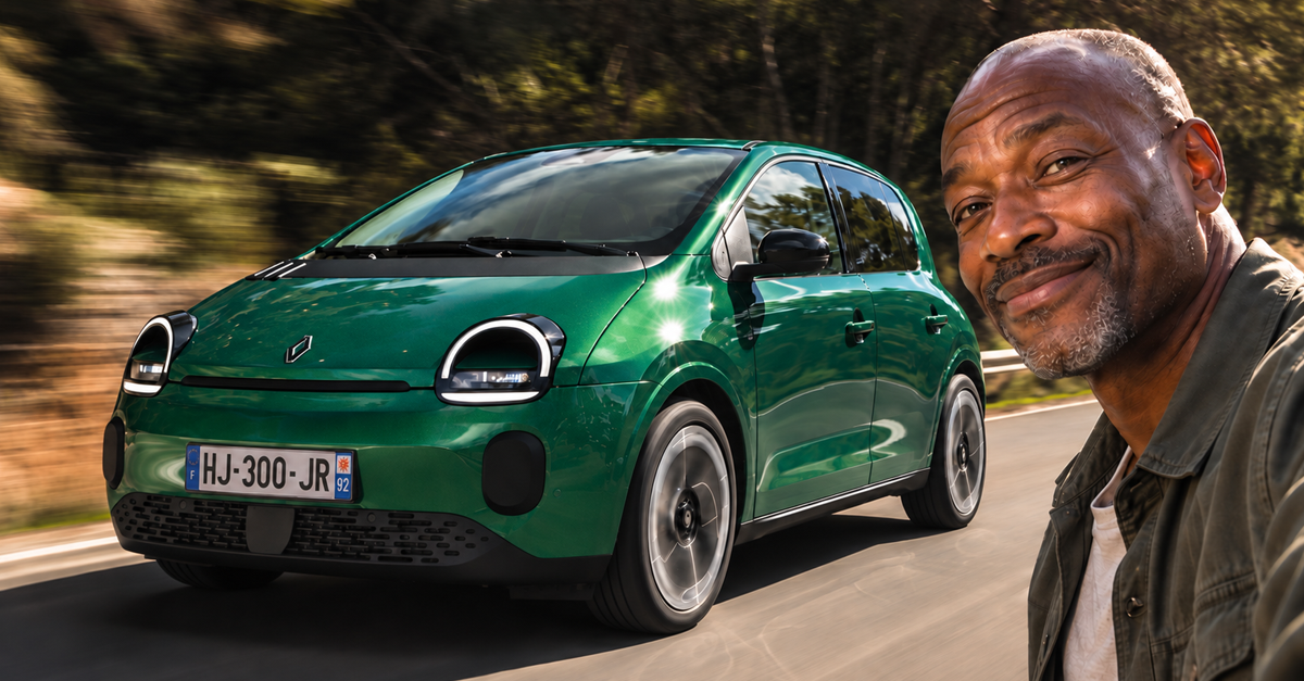 AI-generated image of man next to a Renault Twingo