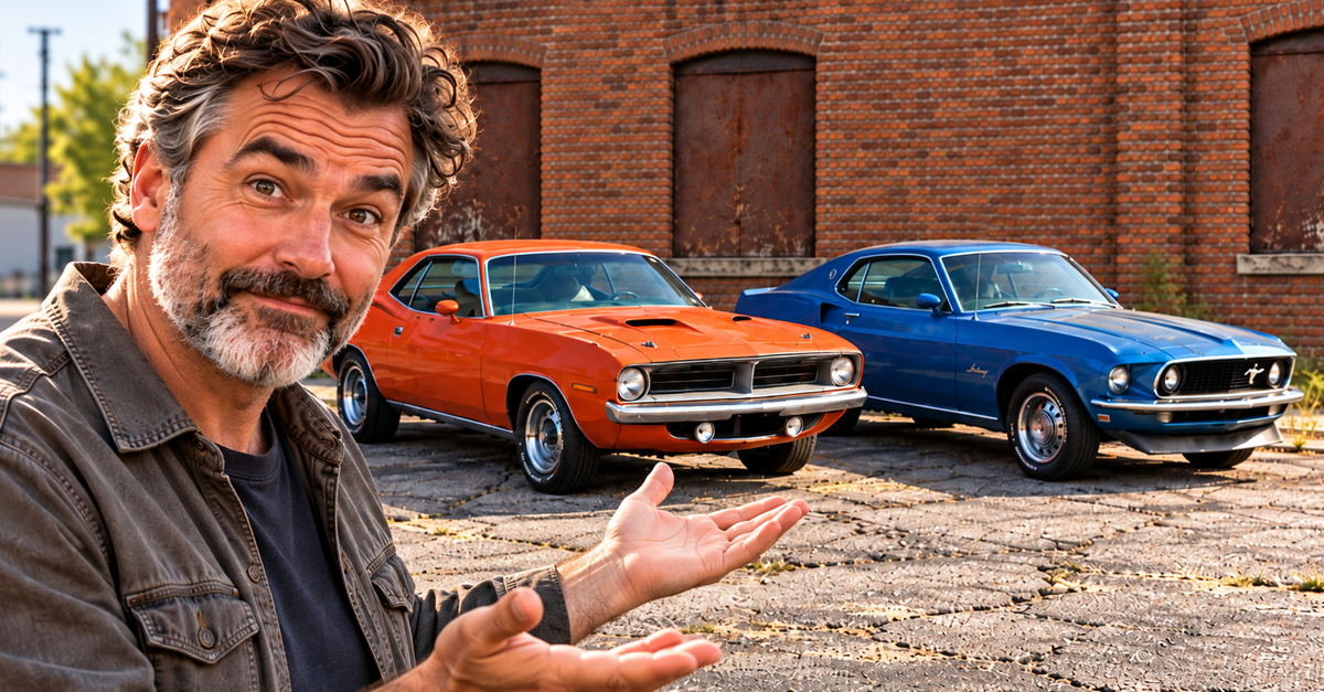 AI-generated image of man next to Plymouth Barracuda and Ford Mustang