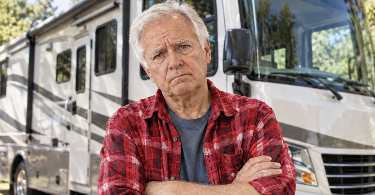 AI-generated image of a man worried that his lemon RV doesn’t qualify for a buyback.