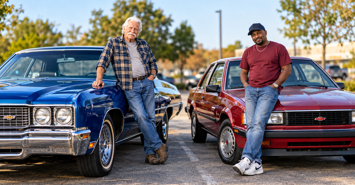 AI-generated image of two men beside a Chevrolet Impala and Cavalier