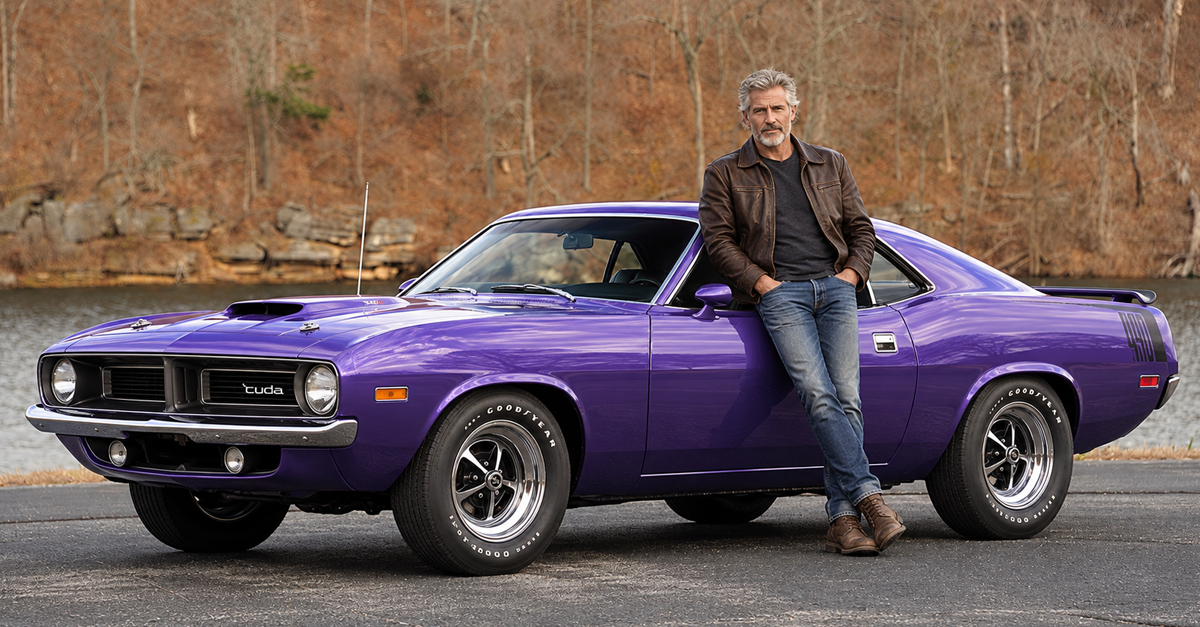AI-generated image of a man leaning against a purple Plymouth Barracuda