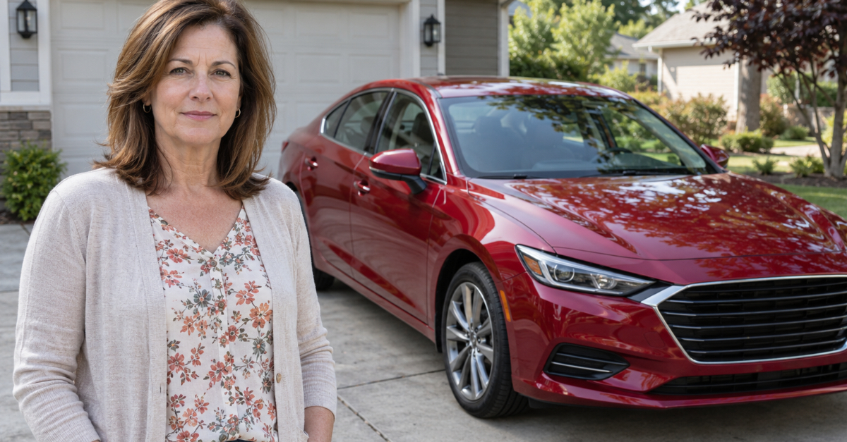 Woman standing in driveway next to her car