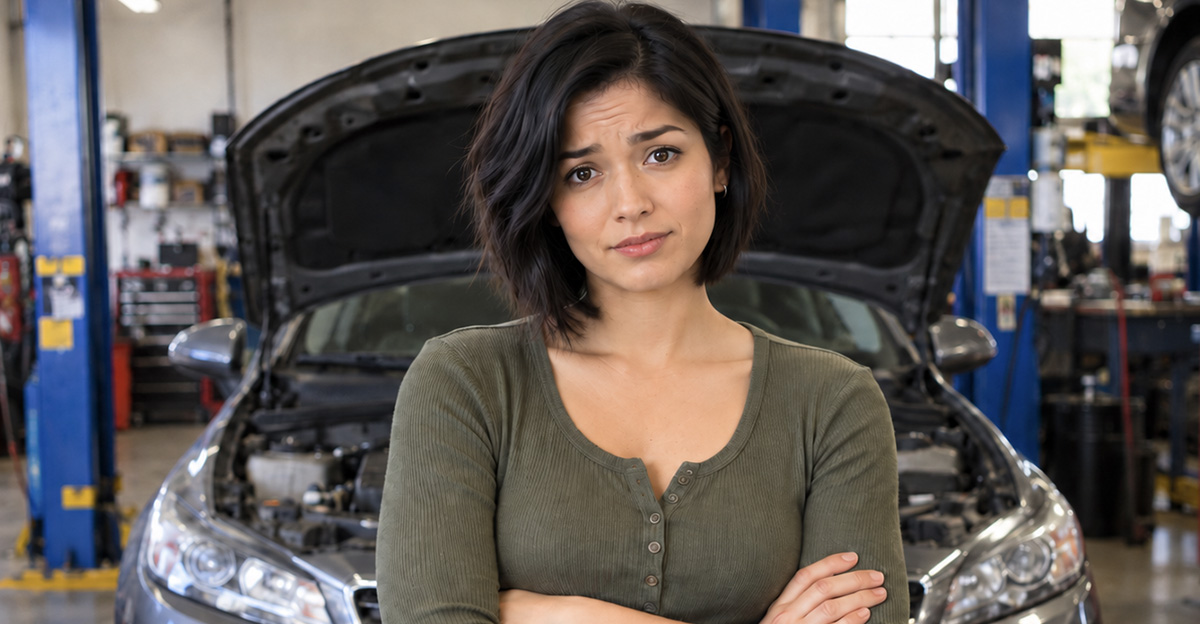 AI-generated image of a woman who's Car Failed Emissions Because Of A Computer Code