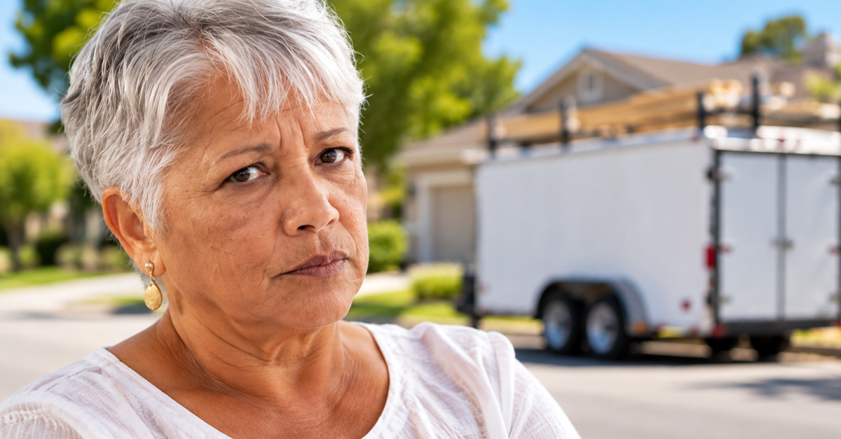 AI-generated image of annoyed woman with trailer behind her