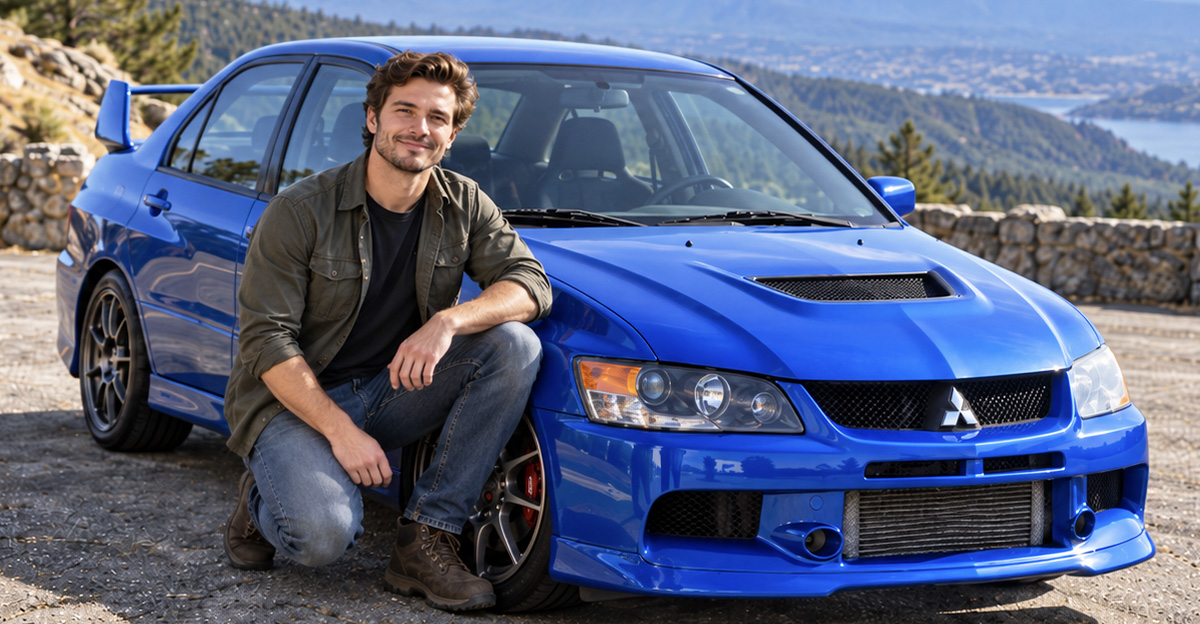AI-generated image of a man kneeling next to blue Mitsubishi Lancer Evolution IX