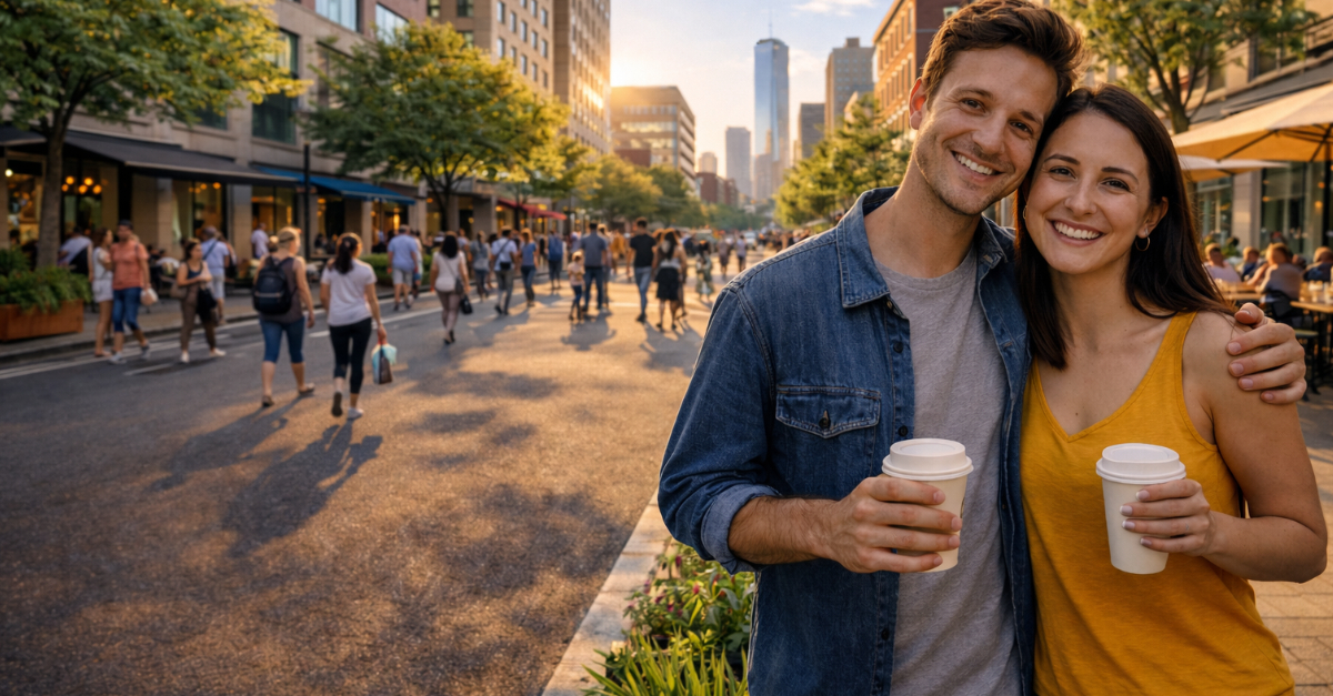 Smiling couple on a pedestrian street