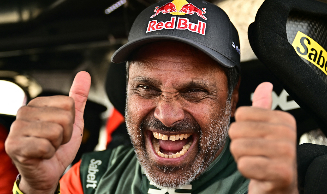 Nasser al-Attiyah celebrates after winning the 48th edition of the Dakar Rally 2026 in Yanbu, Saudi Arabia, on January 17, 2026.