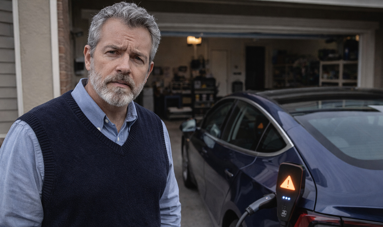 Man with electric vehicle charging issue