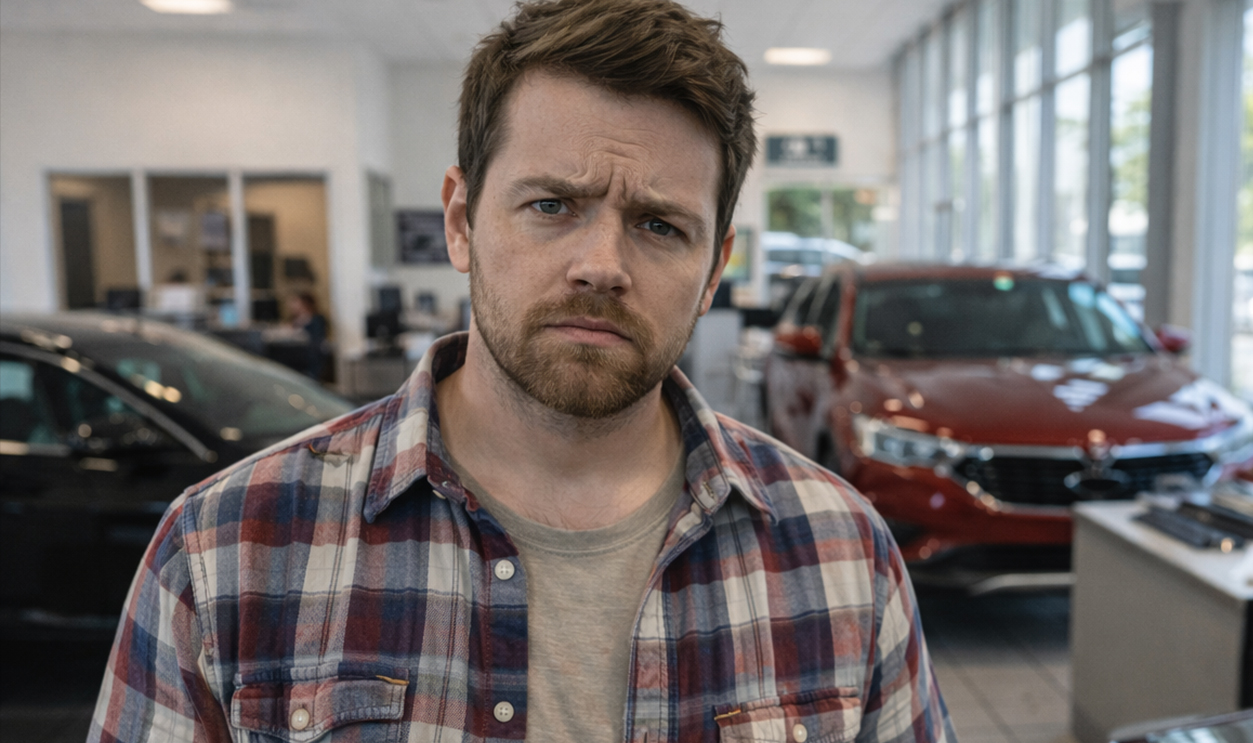 Concerned shopper at car dealership.