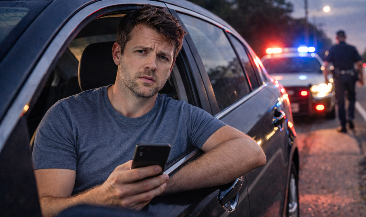 Concerned driver at the side of the road, holding their cell phone after receiving a ticket.