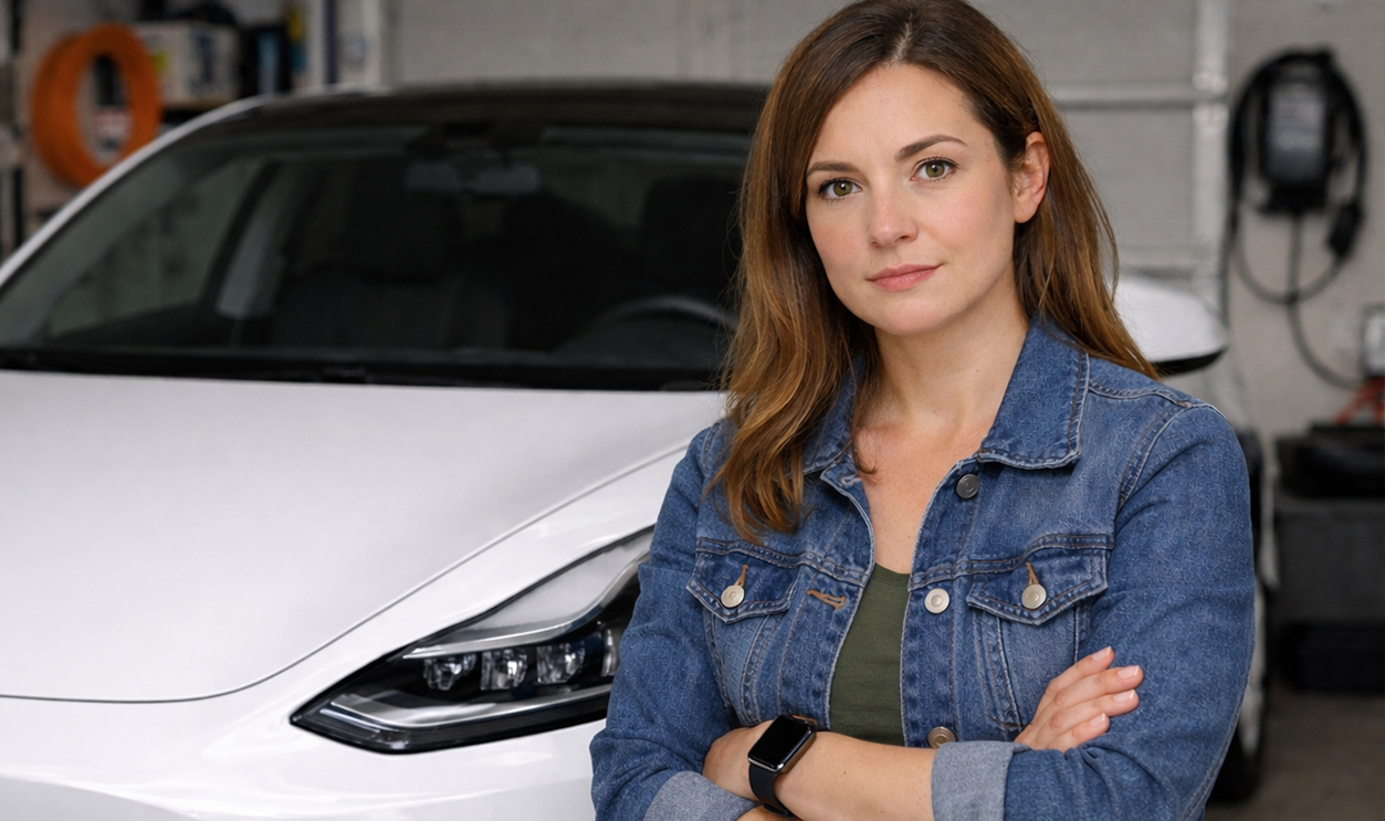 Woman with electric vehicle in garage.
