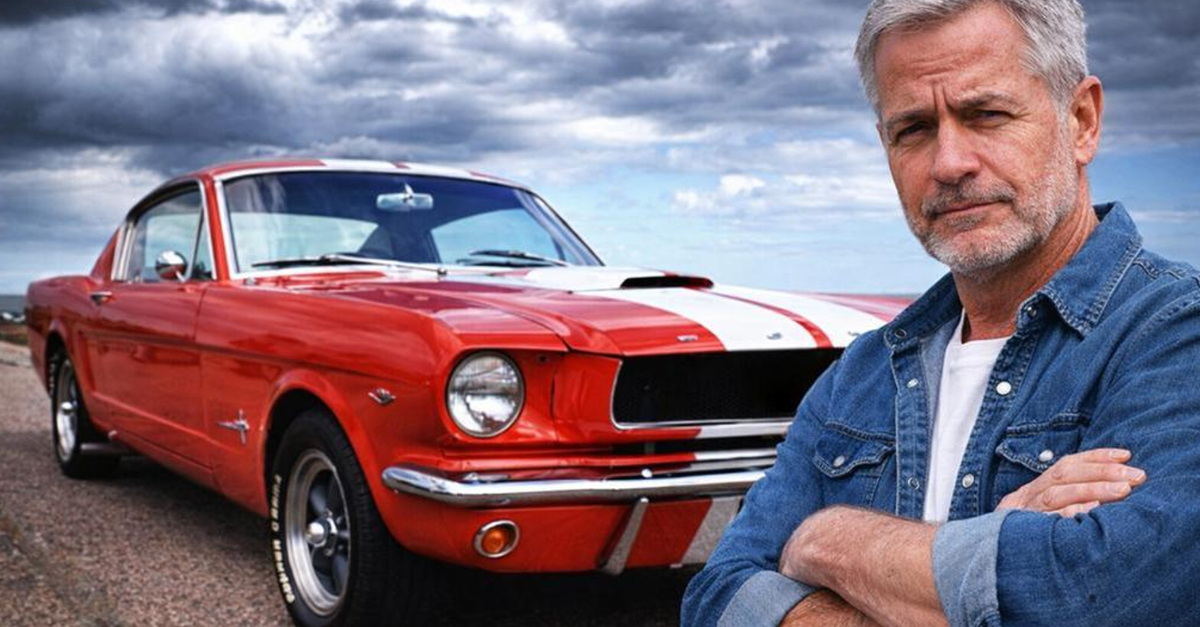 Skeptical man with classic Mustang