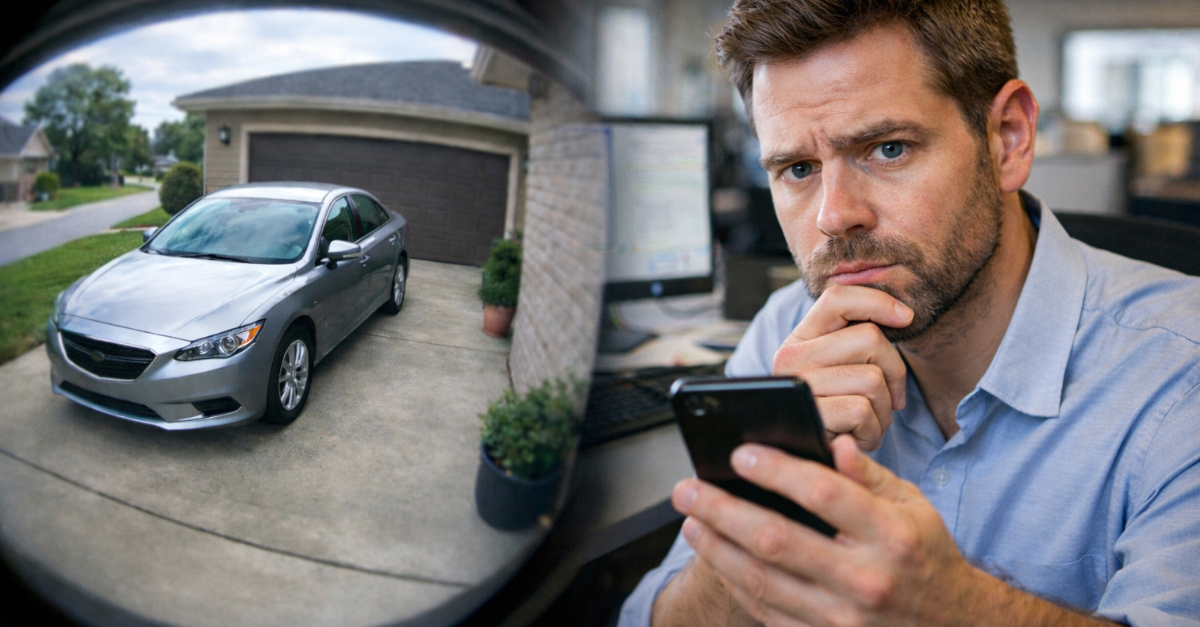 Man monitors driveway from office desk