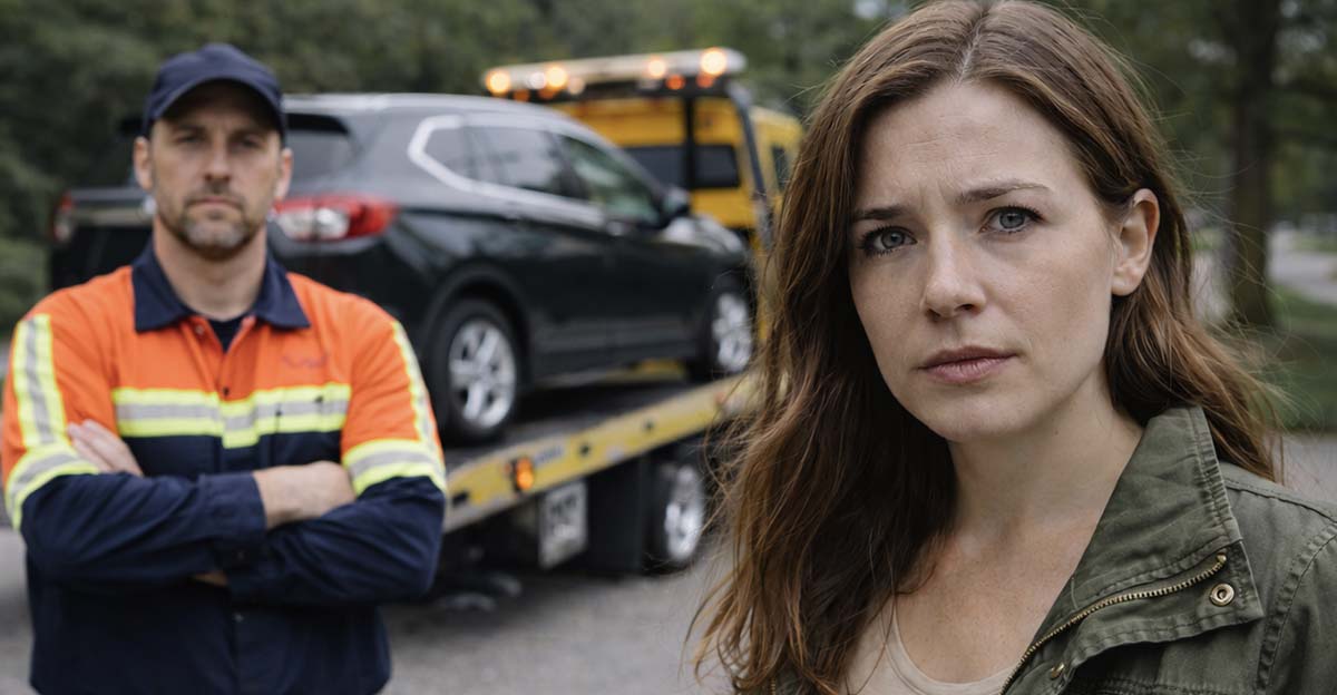 Concerned woman and tow truck driver