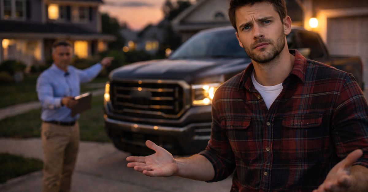 men with pickup truck on driveway